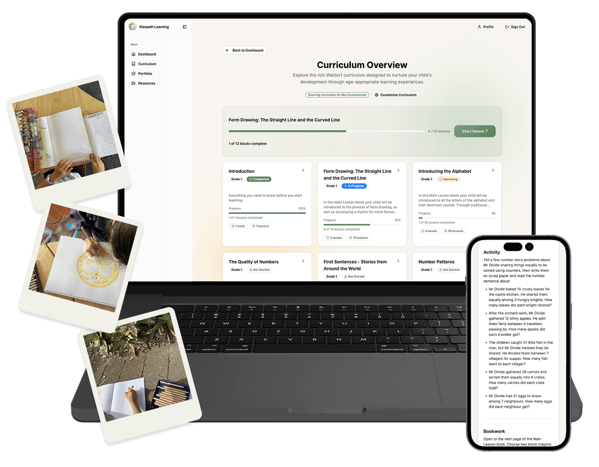 Starpath Learning Platform - Curriculum Overview with laptop, polaroid photos, and mobile app